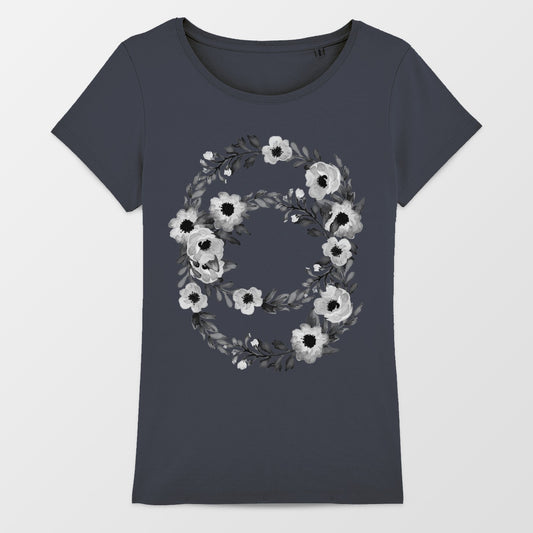 Elegant Gray T-Shirt with Floral Wreath Design