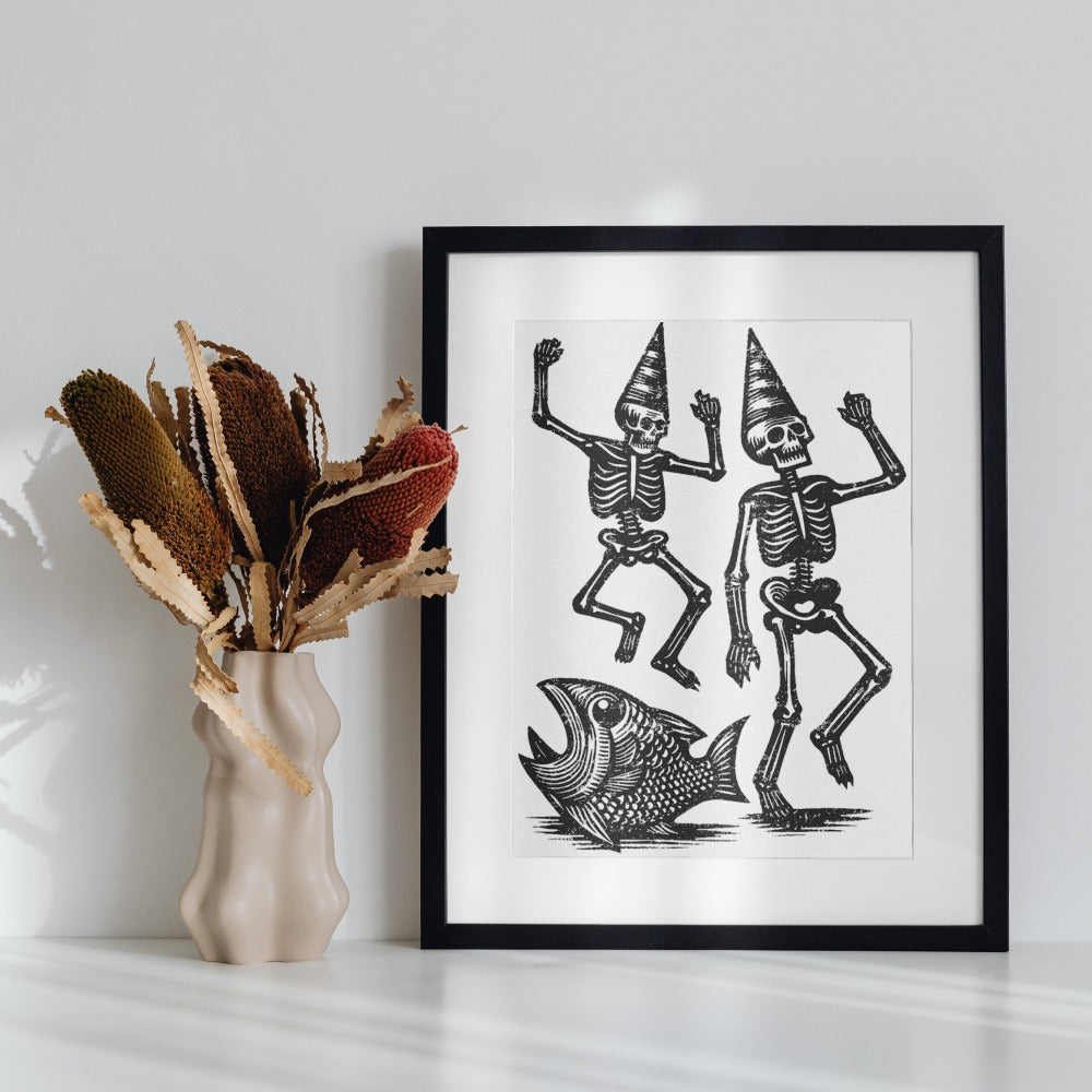 Dancing Skeletons Art Print With Fish Unique Wall Decor