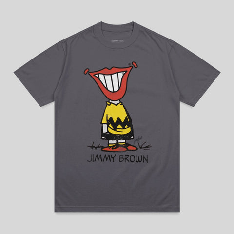 Charlie Brown t-shirt with oversized red lips and "JIMMY BROWN" text.