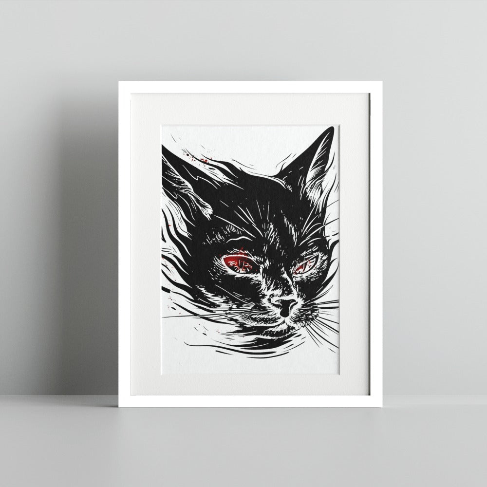 Striking Red-Eyed Black Cat Artistic Print for Home Decor