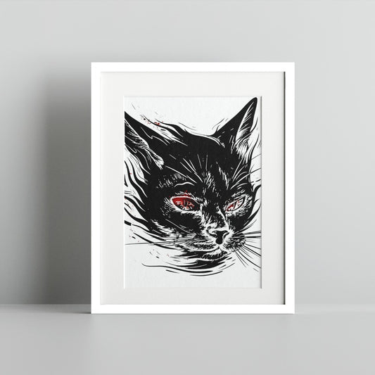 Striking Red-Eyed Black Cat Artistic Print for Home Decor
