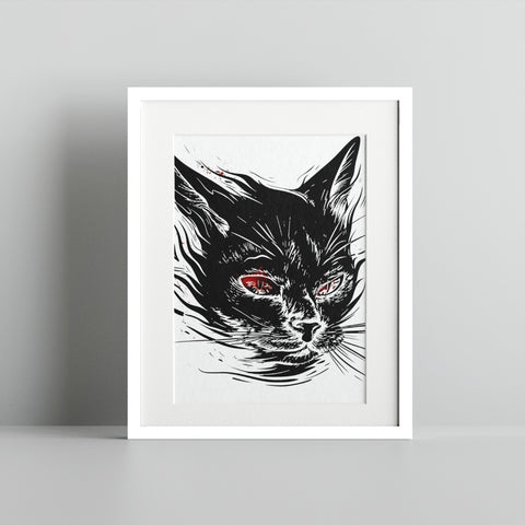 Striking Red-Eyed Black Cat Artistic Print for Home Decor