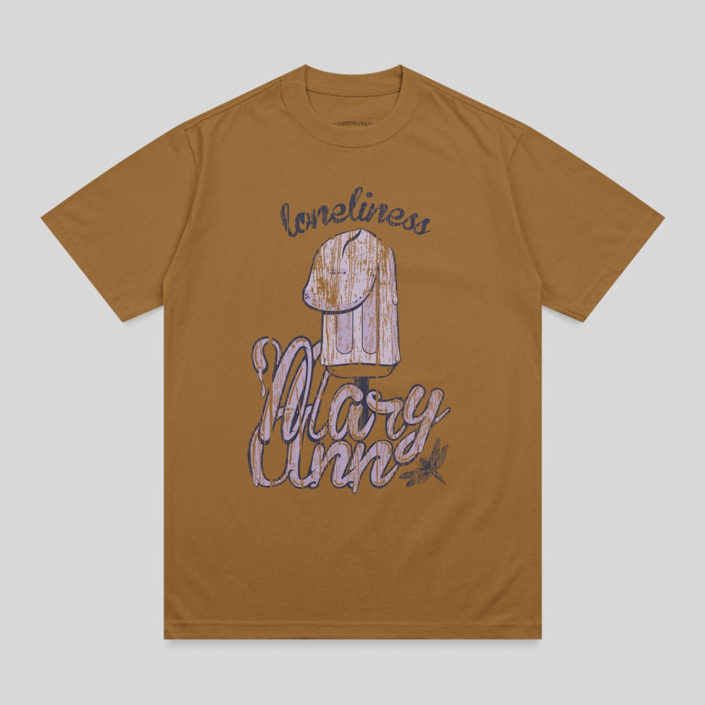 Brown t-shirt with "loneliness Mary Ann" text and a frozen treat graphic.