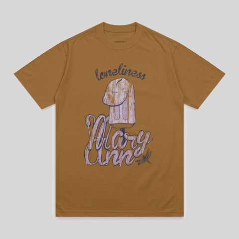 Brown t-shirt with "loneliness Mary Ann" text and a frozen treat graphic.