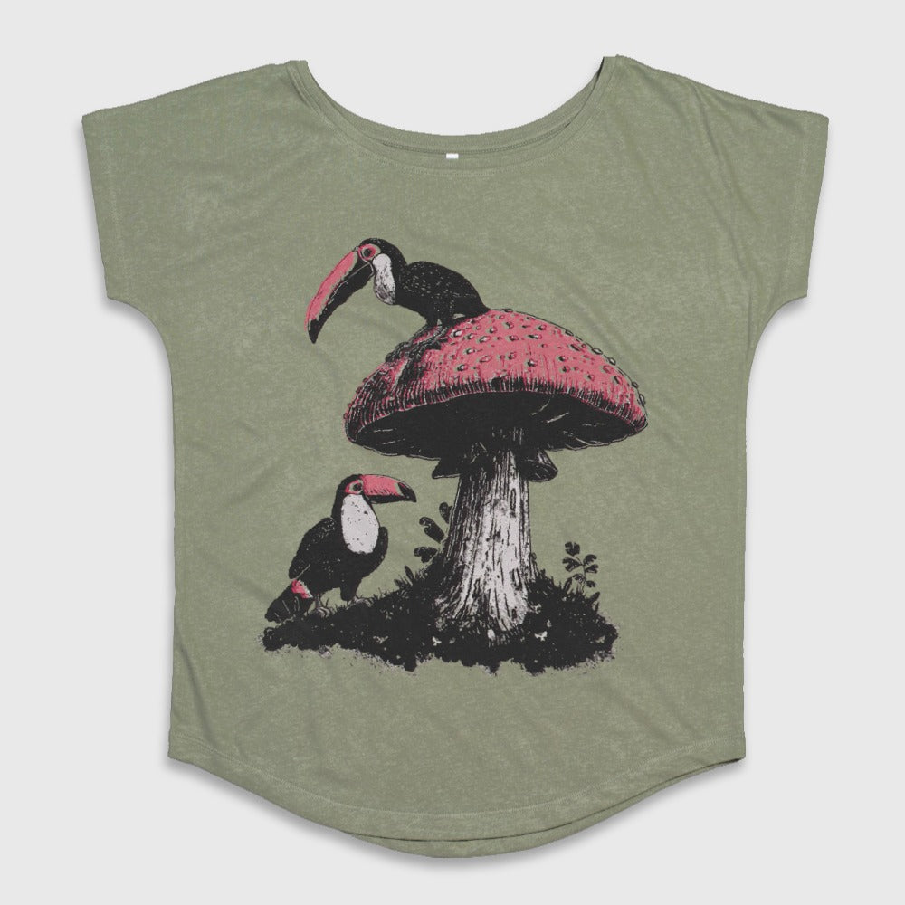 Toucan and Mushroom Graphic Illustration T-shirt