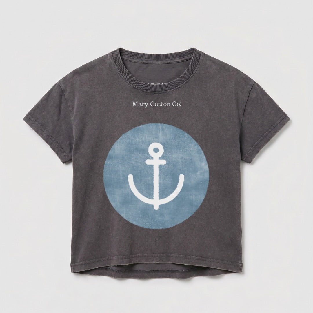 Dark gray t-shirt with blue circle and white anchor graphic.