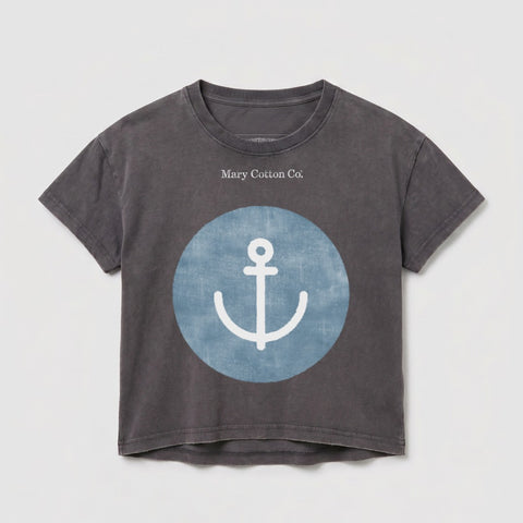 Dark gray t-shirt with blue circle and white anchor graphic.