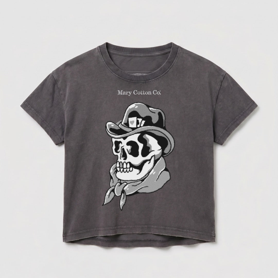 Skull wearing a cowboy hat and bandana, printed on a grey t-shirt.