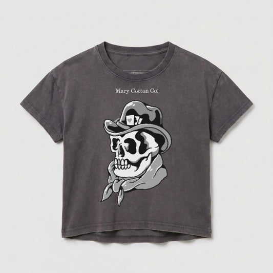 Skull wearing a cowboy hat and bandana, printed on a grey t-shirt.