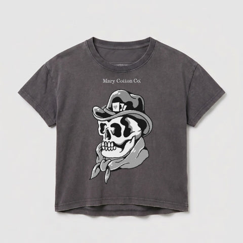 Skull wearing a cowboy hat and bandana, printed on a grey t-shirt.