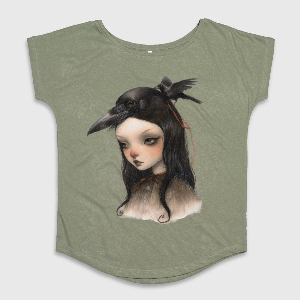 Surreal Girl with Crow Unique Art Graphic T-Shirt