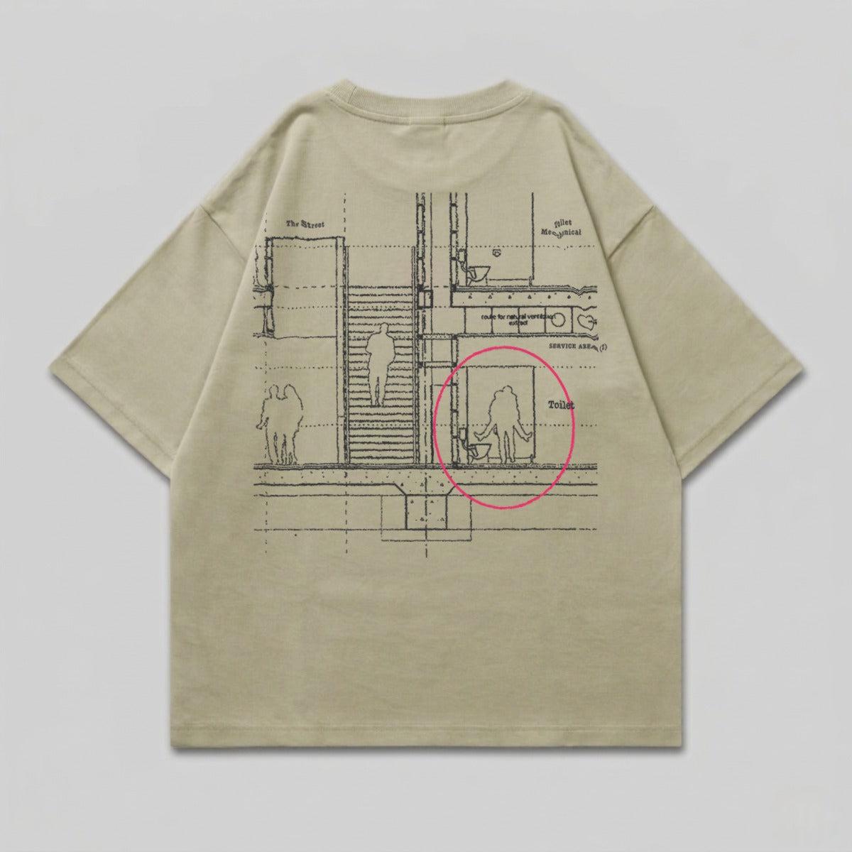 T-shirt with architectural drawing of a toilet and stairs, circled in pink.