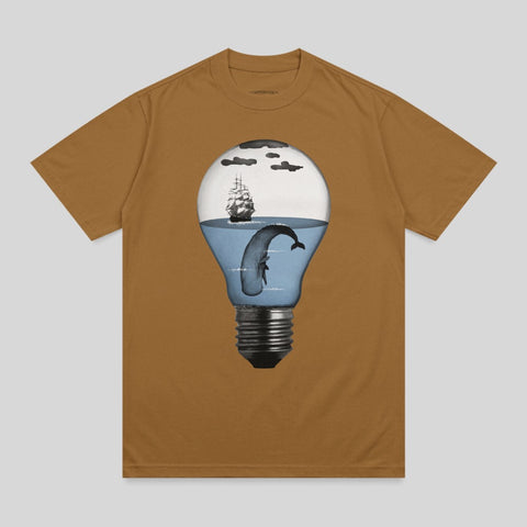 Brown t-shirt with a lightbulb graphic featuring a whale and ship.