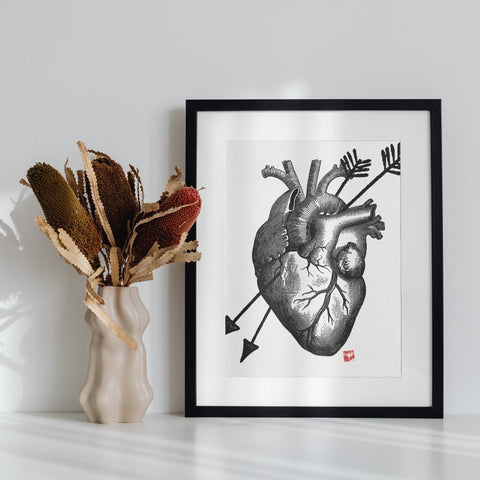 Heart and Arrows Black White Wall Art Framed Print