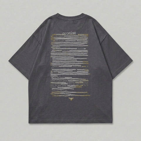 Dark gray t-shirt with "promise" text and handwritten-style Italian script.