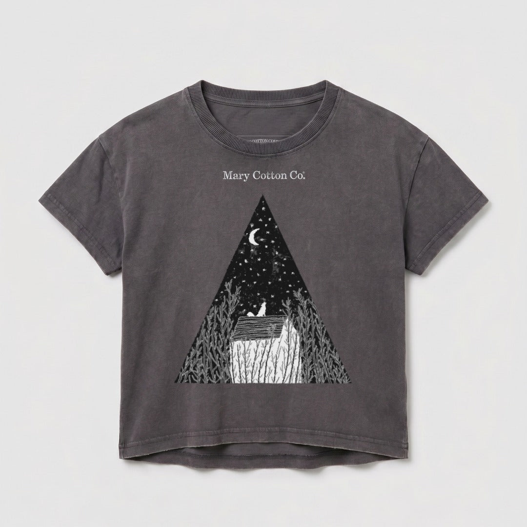 Dark grey t-shirt with a triangular graphic of a house, trees, and a crescent moon.