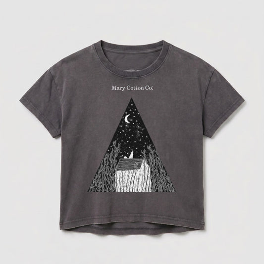 Dark grey t-shirt with a triangular graphic of a house, trees, and a crescent moon.