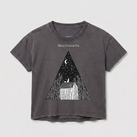 Dark grey t-shirt with a triangular graphic of a house, trees, and a crescent moon.