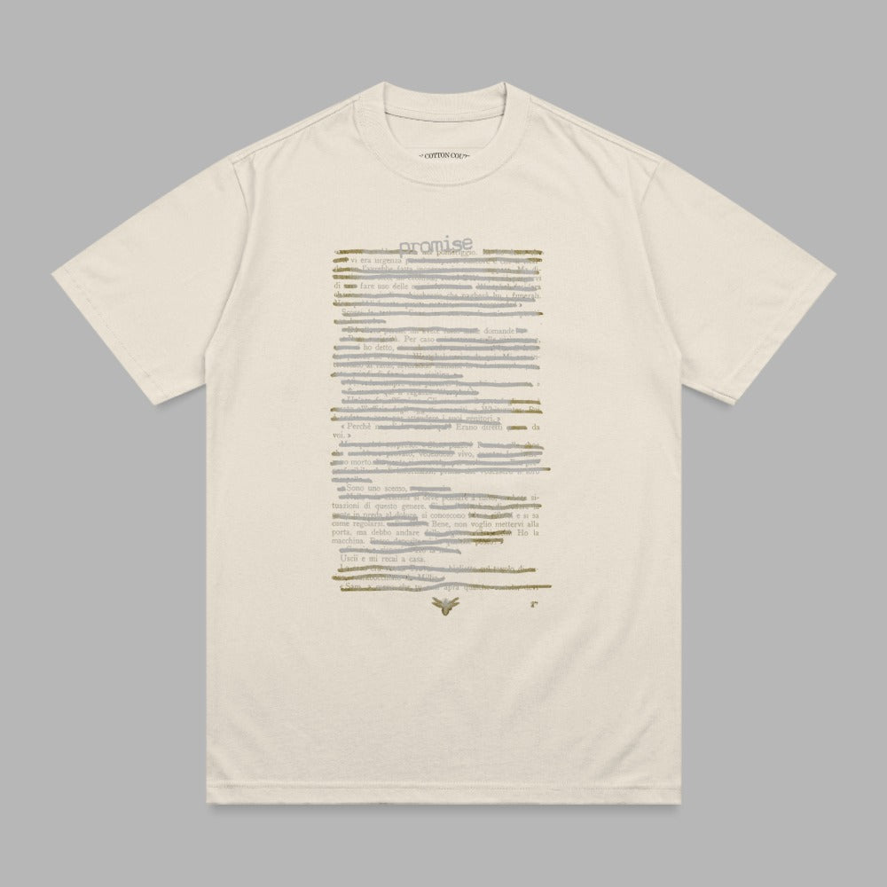 Cream t-shirt with "promise" text and handwritten letter details.