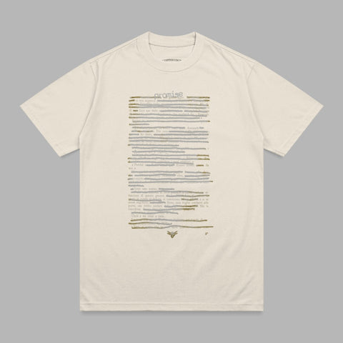 Cream t-shirt with "promise" text and handwritten letter details.