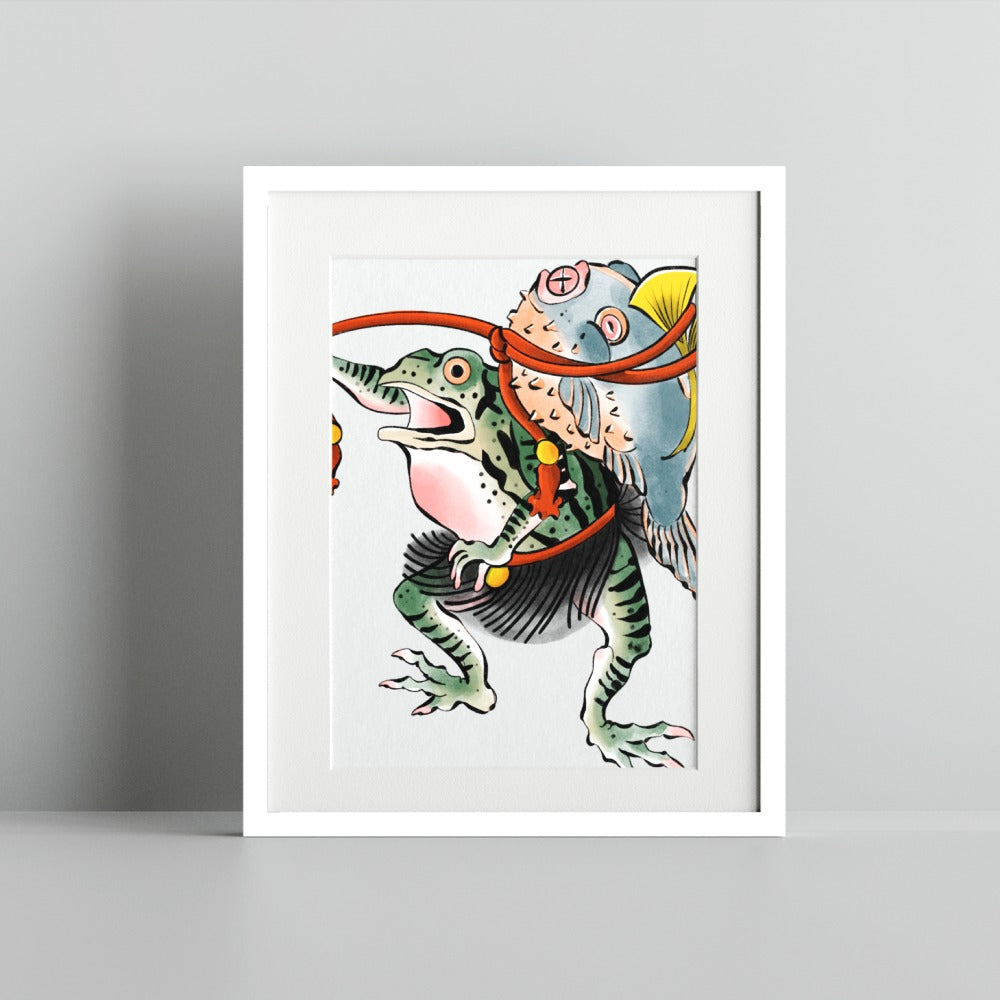 Quirky Frog and Fish Art Print in Vibrant Colors Artwork