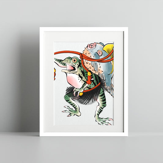Quirky Frog and Fish Art Print in Vibrant Colors Artwork