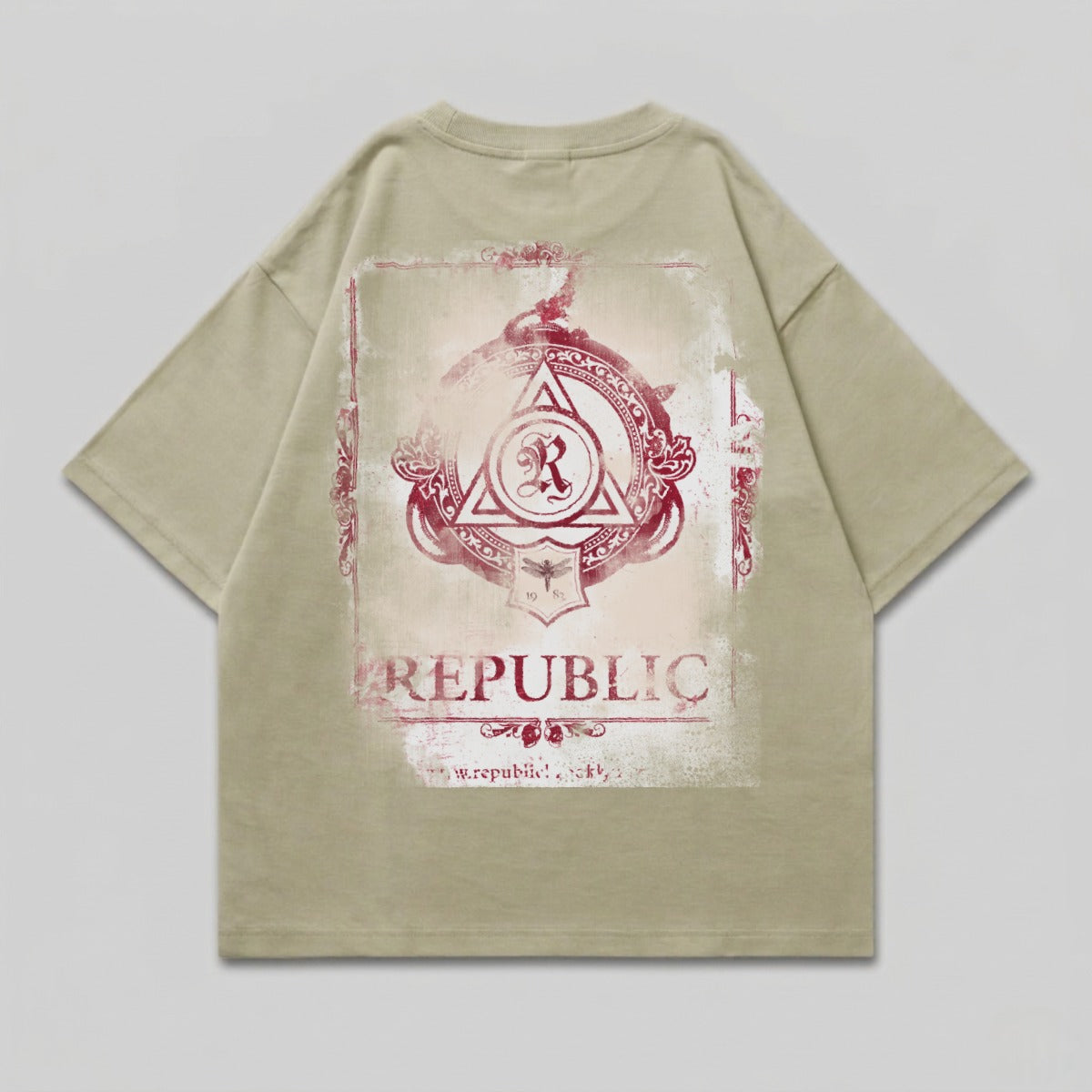 Distressed t-shirt with circular emblem featuring "REPUBLIC" text.