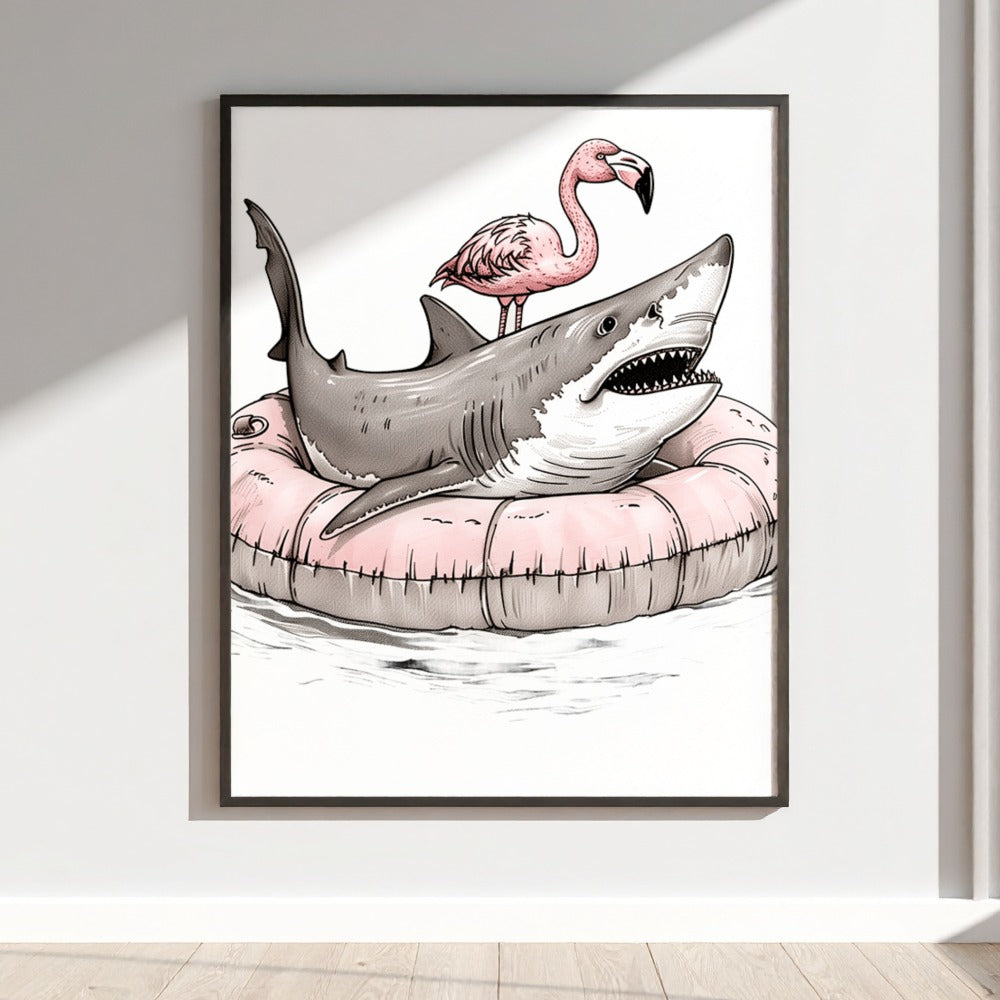 Shark and Flamingo Floating on Inflatable Art Poster