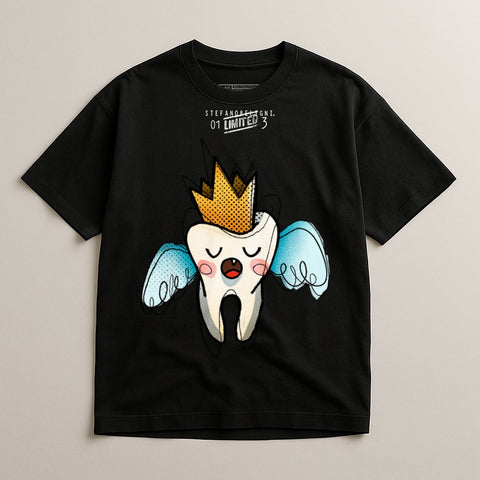 Cartoon Tooth with Crown Print T-Shirt for Youth