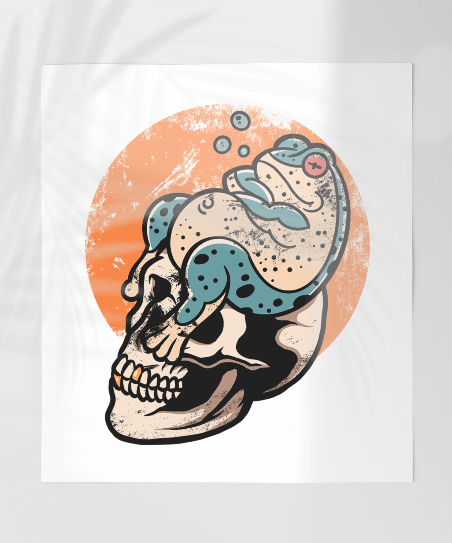 Skull and Frog Illustration on an Orange Background Poster