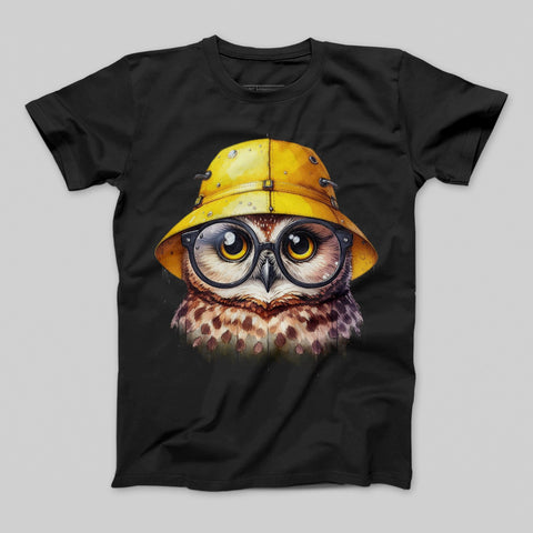Cute Owl Artwork with Yellow Rain Hat T-shirt