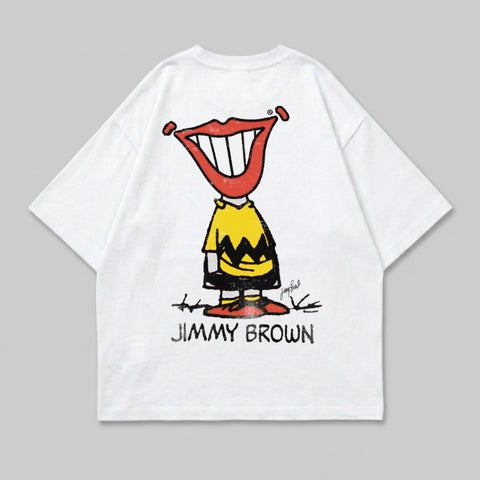White t-shirt with a cartoon character featuring a large mouth and yellow shirt.
