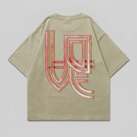 Tan t-shirt with red and gold graphic design on the back.