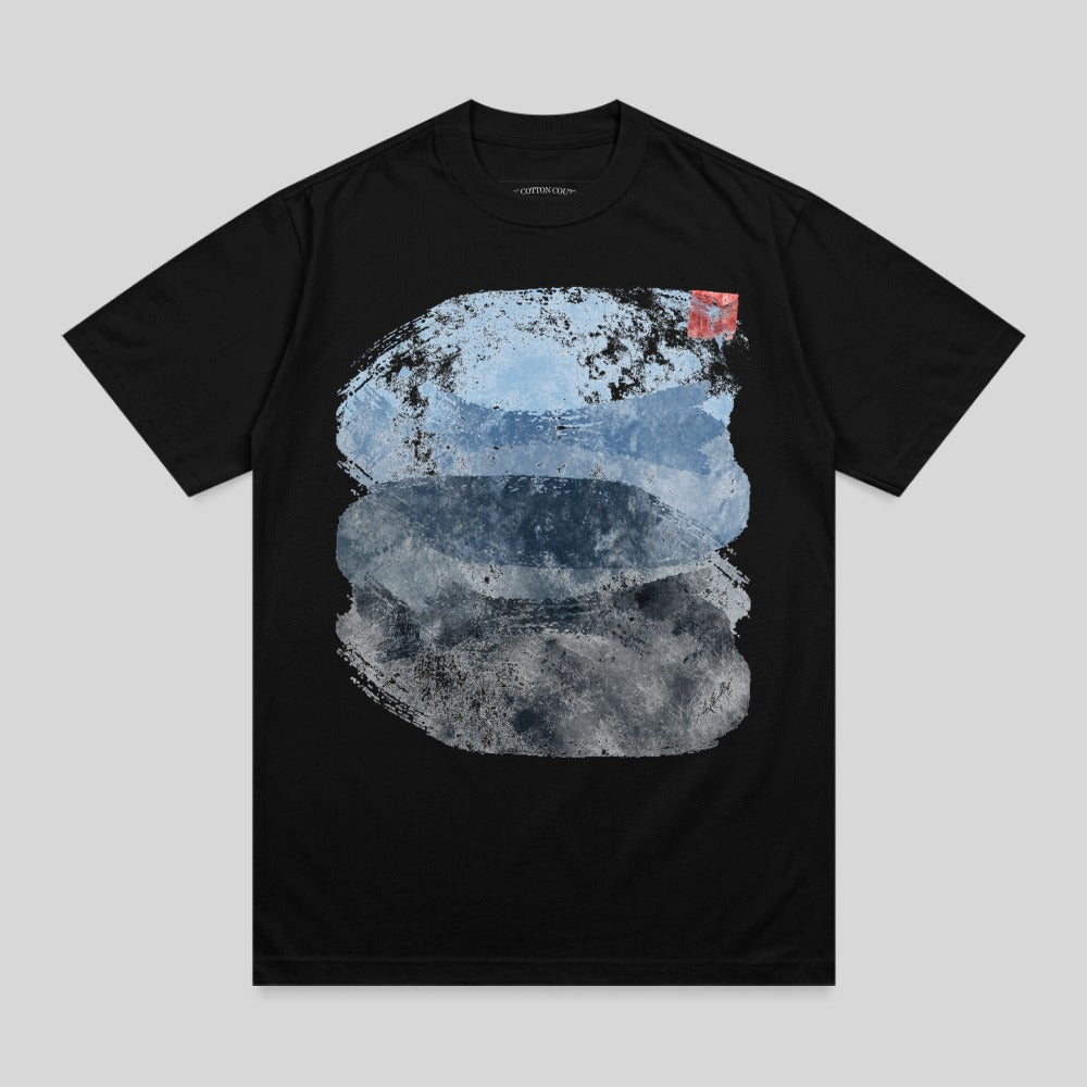 Black t-shirt with a minimalist abstract brushstroke design in blue and gray.