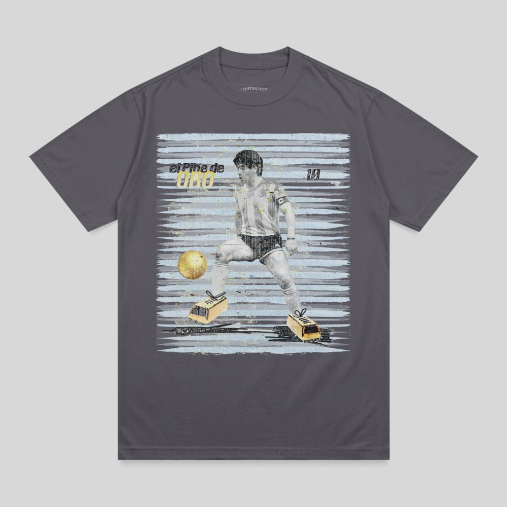 T-shirt graphic: Diego Maradona in action with a soccer ball, "El Pibe de Oro" text.