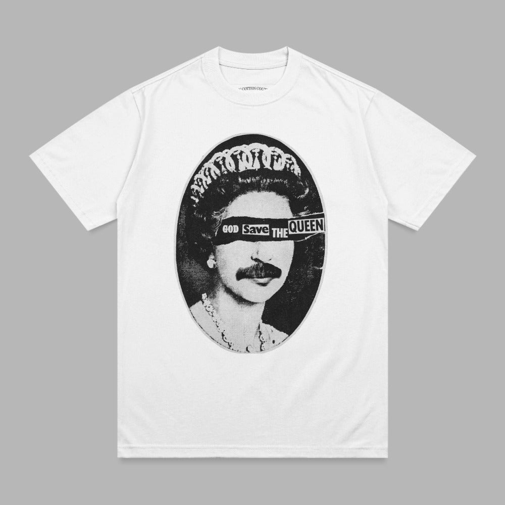 T-shirt with black and white portrait of Queen Elizabeth II wearing a crown and a black bar across her eyes with text.