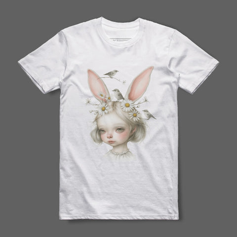 Cute Girl with Bunny Ears and Birds T-Shirt