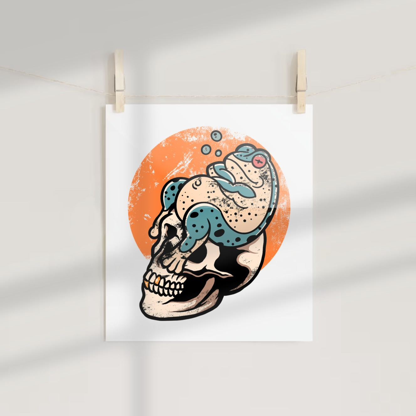 Psychedelic Frog on Skull Art Orange Background Poster