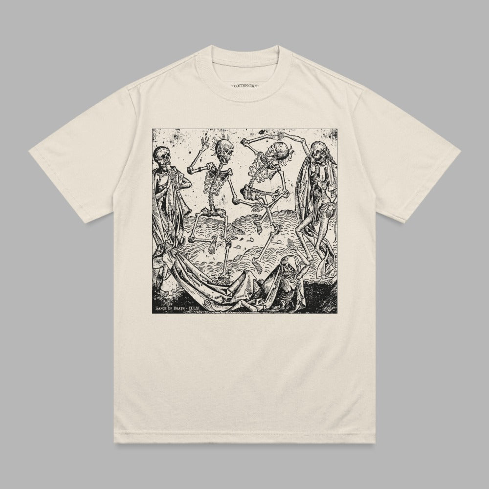 T-shirt with black and white woodcut print of skeletons dancing.