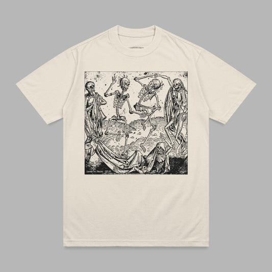 T-shirt with black and white woodcut print of skeletons dancing.