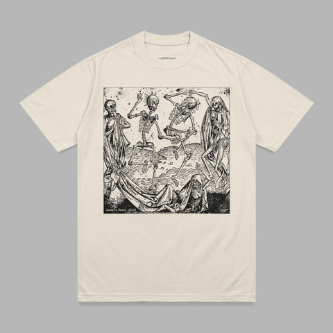 T-shirt with black and white woodcut print of skeletons dancing.