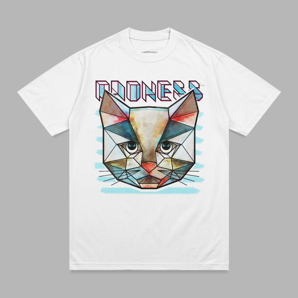 Geometric cat face graphic on a white t-shirt.