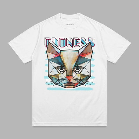 Geometric cat face graphic on a white t-shirt.