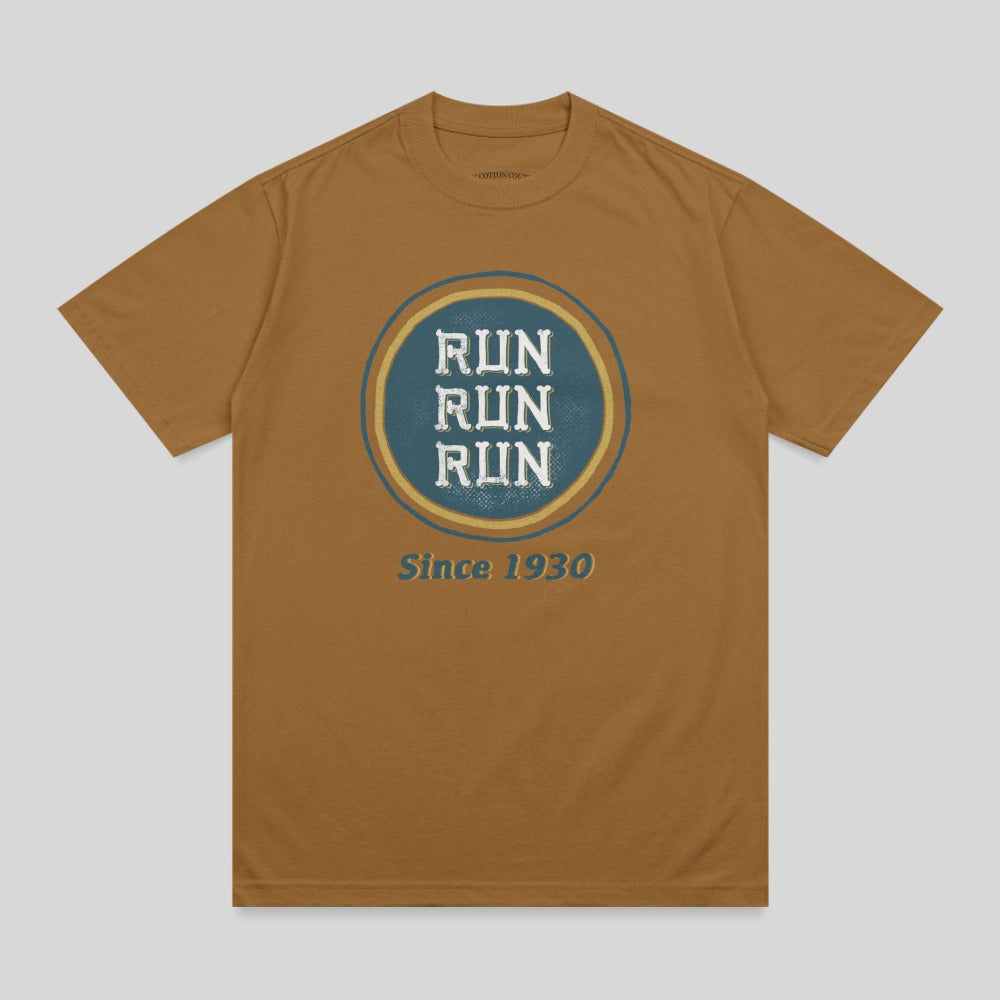 Brown t-shirt with a circular logo featuring "RUN RUN RUN" and "Since 1930".