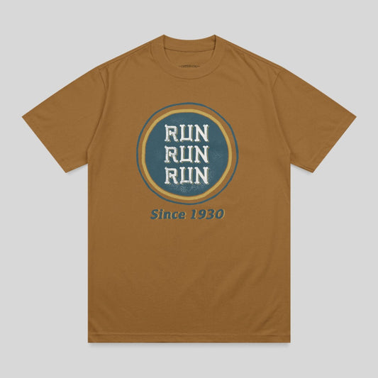 Brown t-shirt with a circular logo featuring "RUN RUN RUN" and "Since 1930".