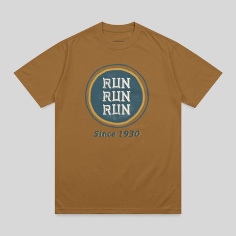 Brown t-shirt with a circular logo featuring "RUN RUN RUN" and "Since 1930".
