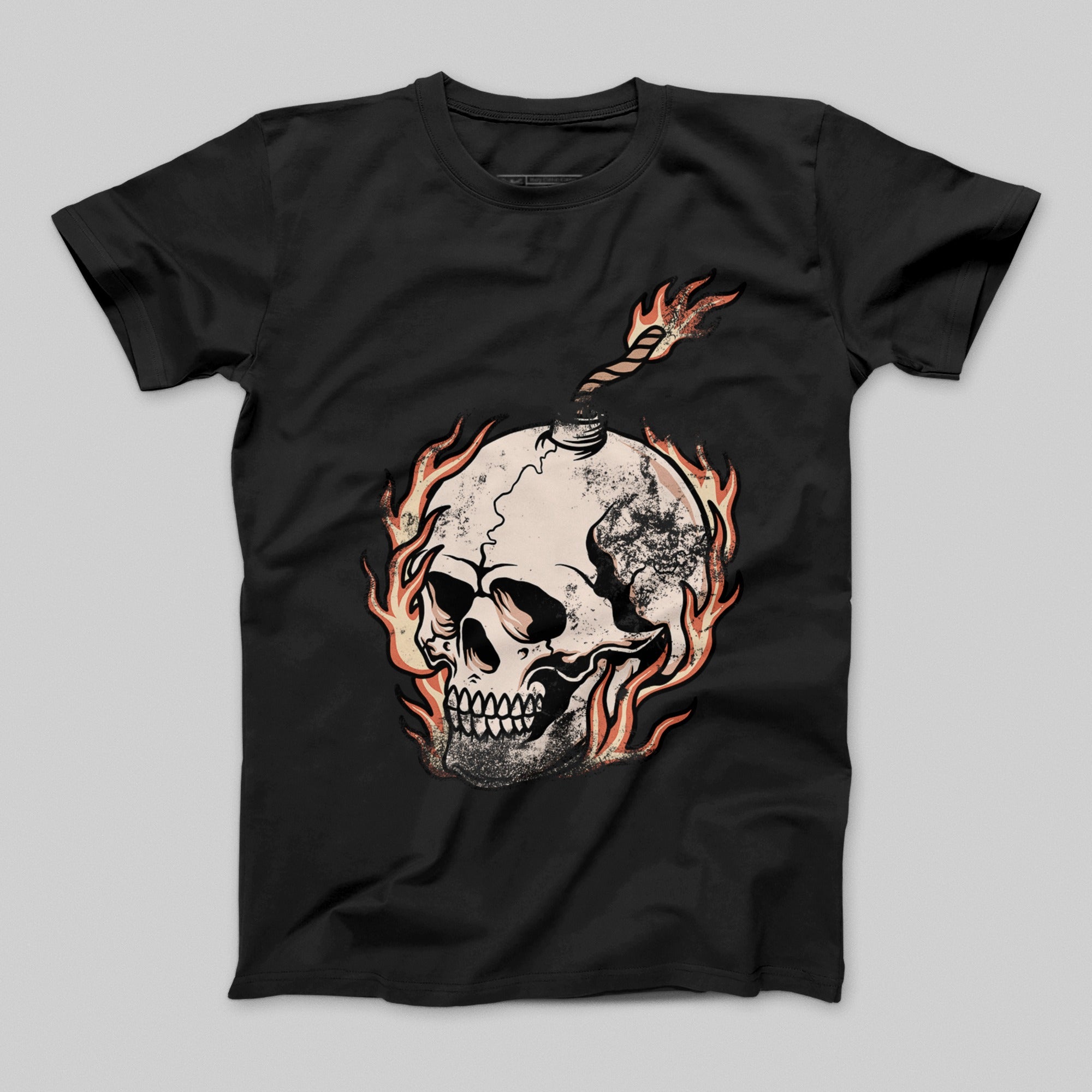 Flaming Skull Bomb Graphic on Black T-Shirt
