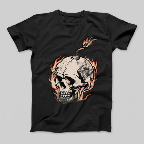 Flaming Skull Bomb Graphic on Black T-Shirt