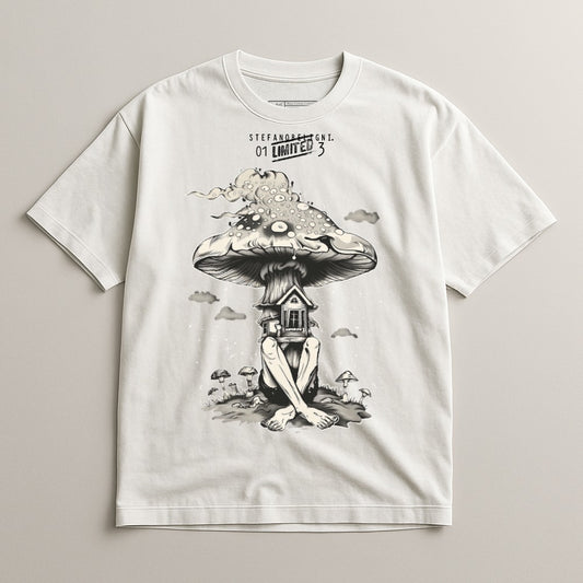 Unique Mushroom House Graphic Tee Shirt Artwork Design
