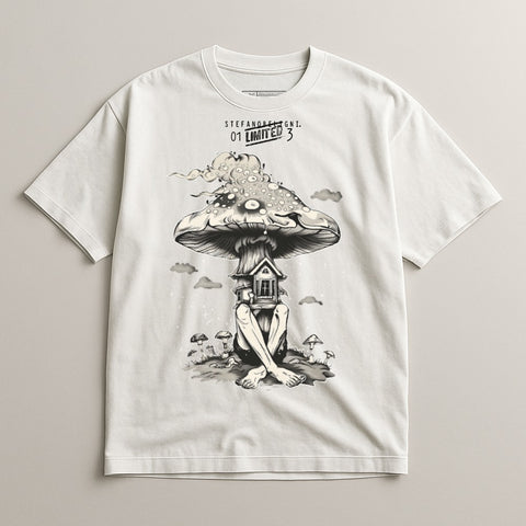 Unique Mushroom House Graphic Tee Shirt Artwork Design